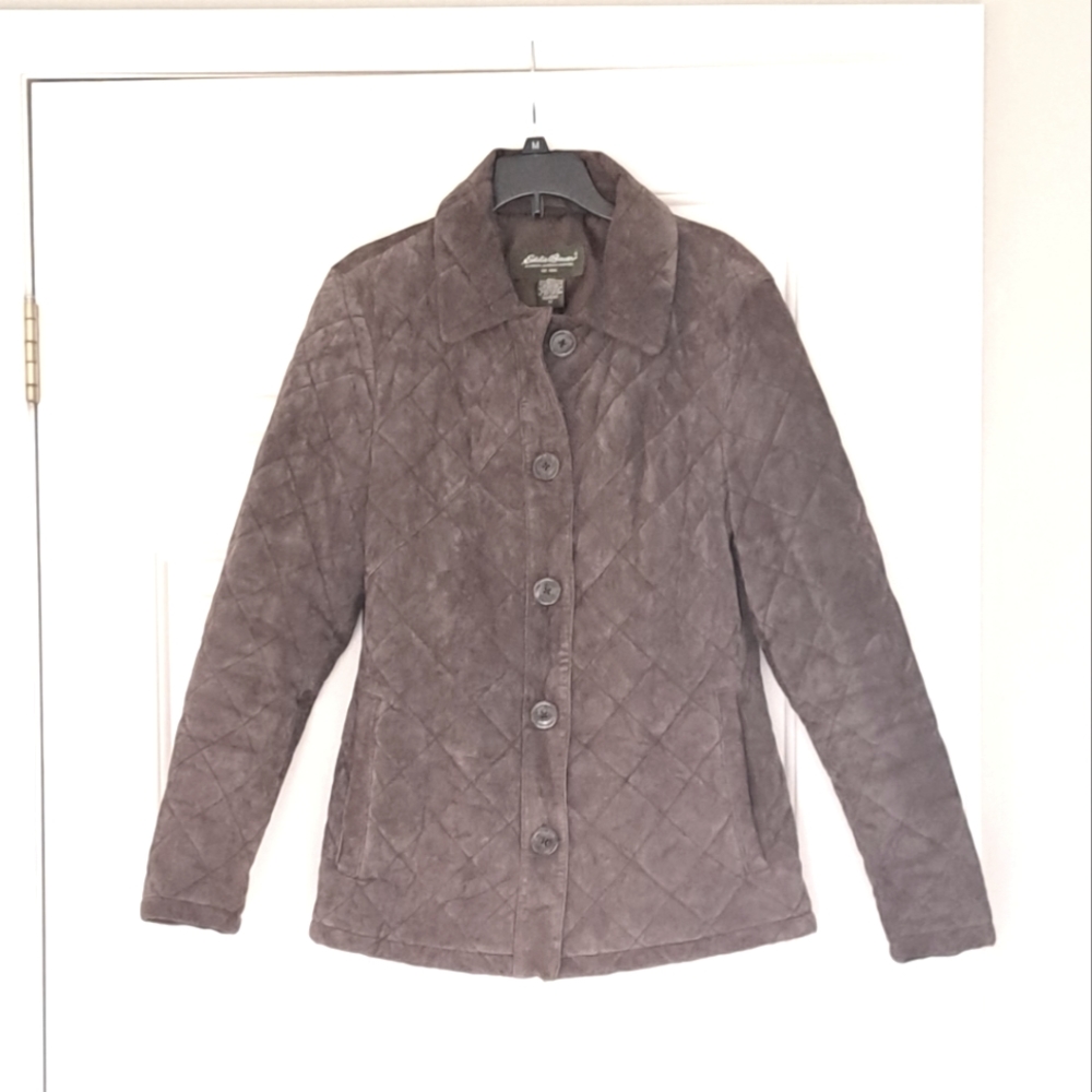 Eddie Bauer quilted brown lined  Front button Classic Collar coat. Size M.